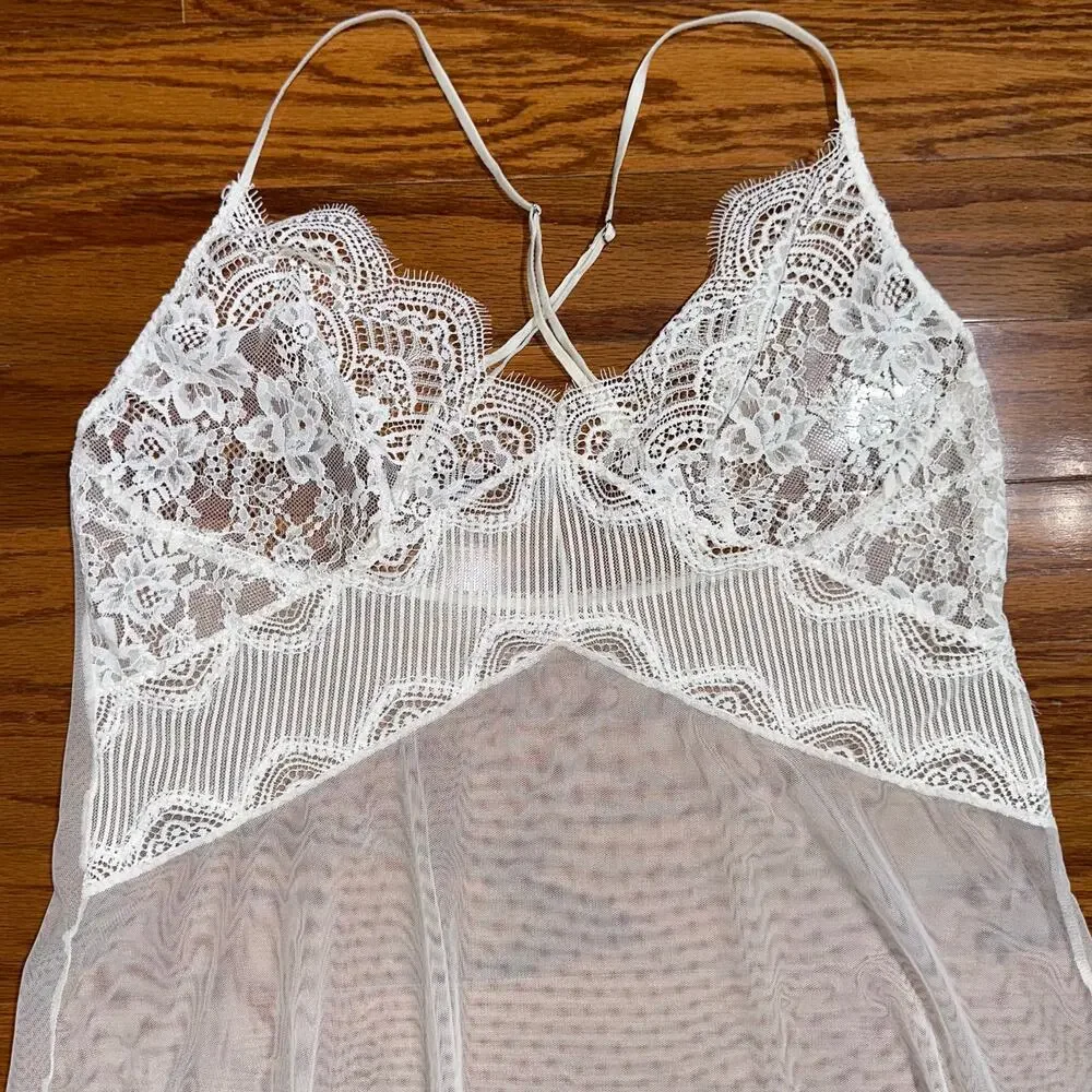 Victorias Secret White Lace Mesh Babydoll Lingerie Chemise